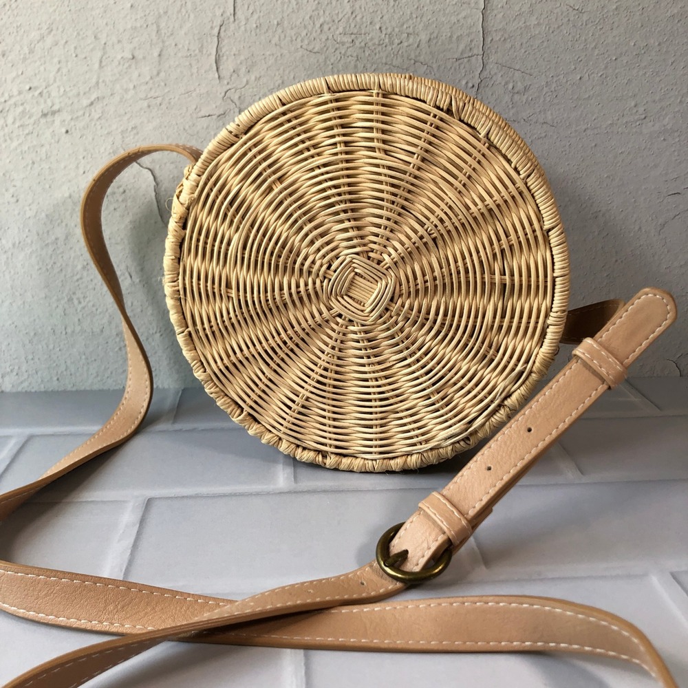 Round Rattan‎ Straw Crossbody Bag Tan Woven Circle Purse Boho Summer Vacation